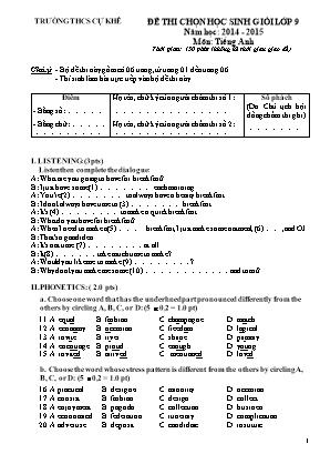 Đề chọn học sinh giỏi môn Tiếng Anh Lớp 9 - Năm học 2014-2015 - Trường THCS Cự Khê (Có đáp án)